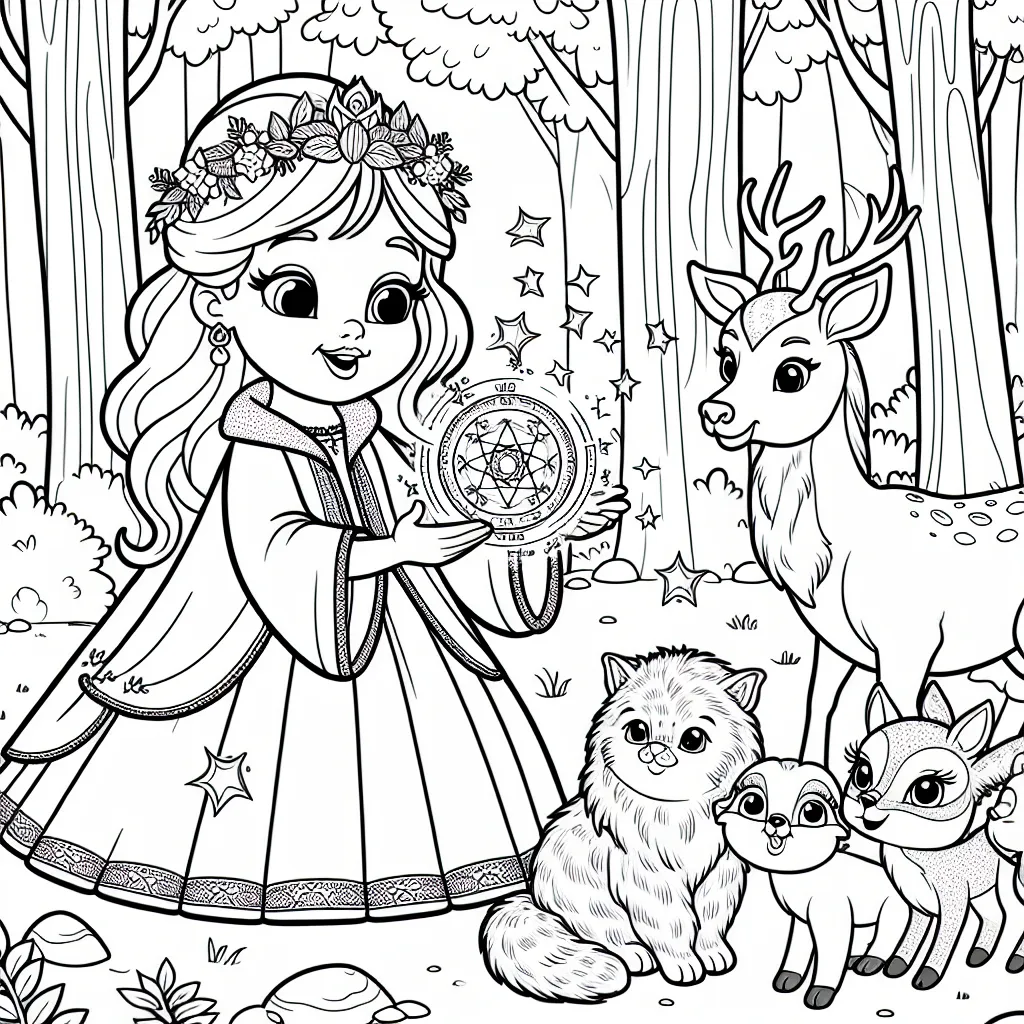 Une jeune princesse unissant des animaux de la forêt enchantée grâce à un puissant talisman magique.