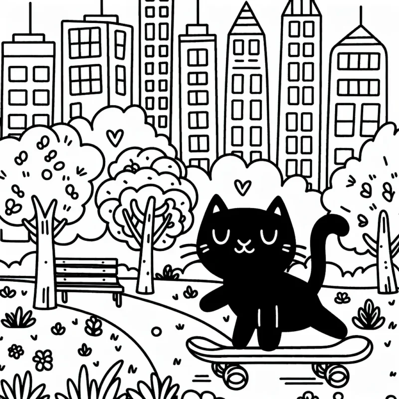 Imagine un chat noir faisant du skateboard dans un parc urbain avec des buildings colorés en arrière-plan.