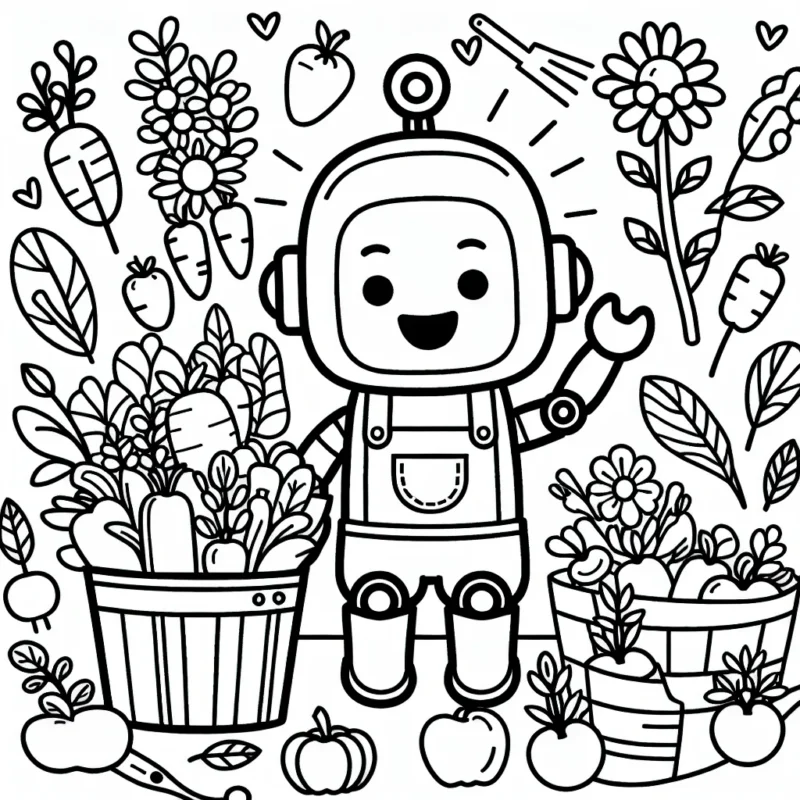 Un robot amical jardinant avec des légumes et des fleurs colorés