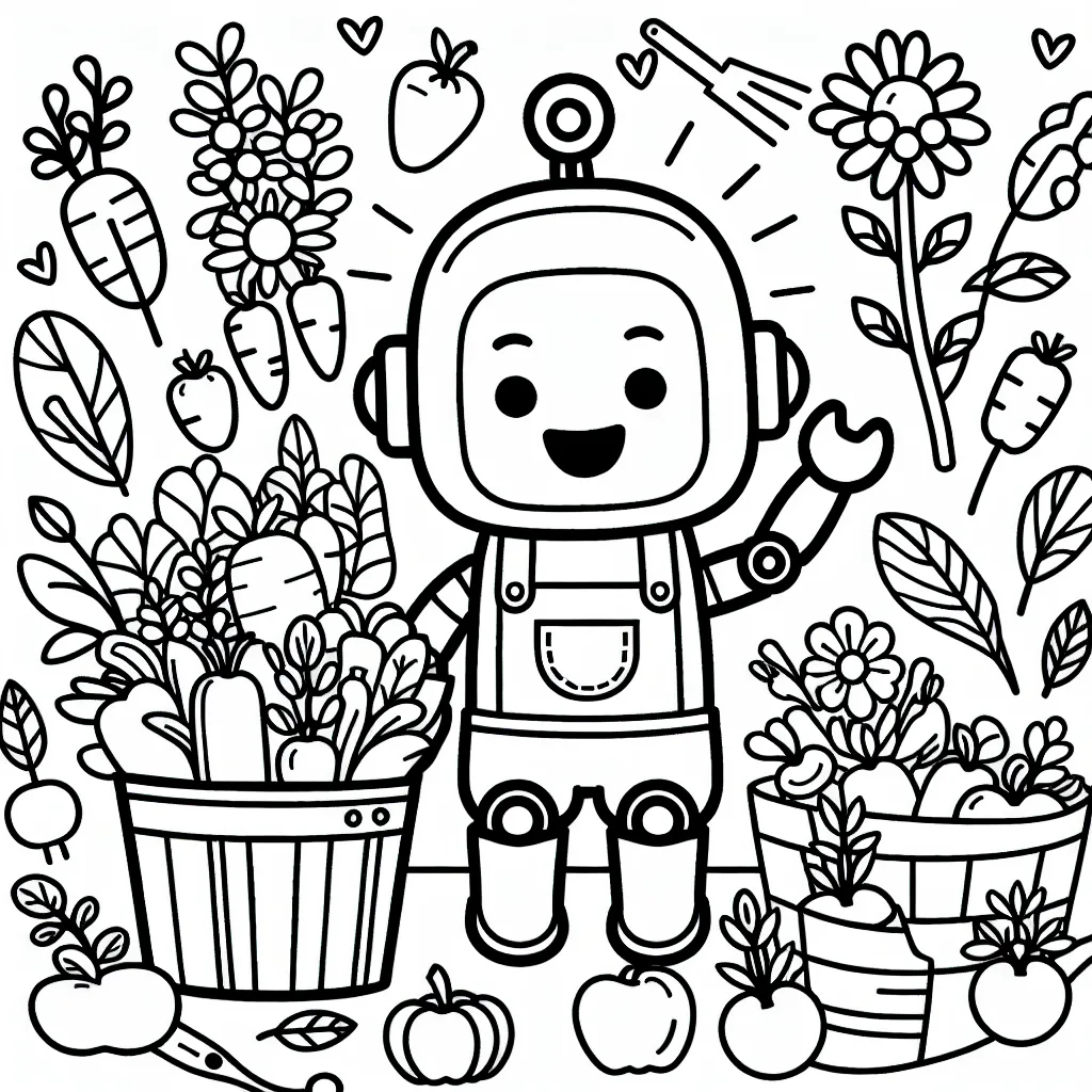 Un robot amical jardinant avec des légumes et des fleurs colorés