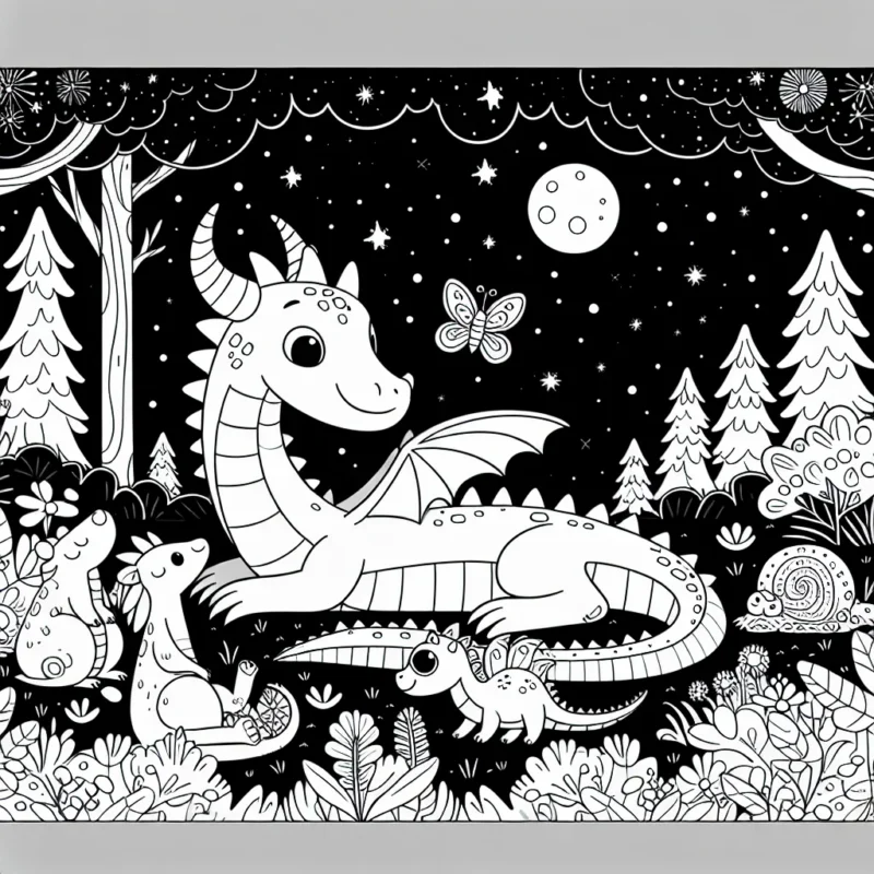 Imaginer et colorer un dragon amical qui joue dans une forêt enchantée avec ses amis animaux