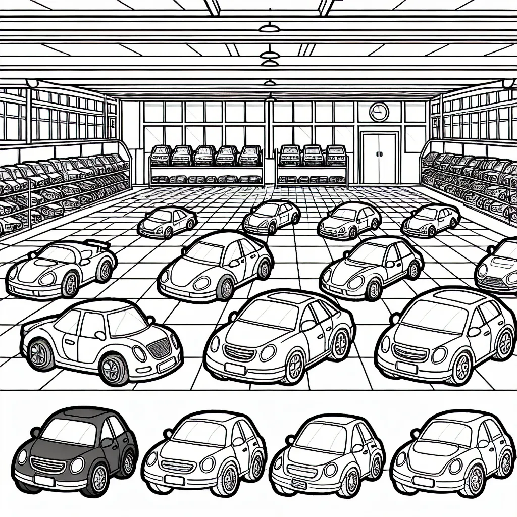 Diverses marques de voitures rangées dans un grand showroom automobile, toutes en attente d'être colorées !