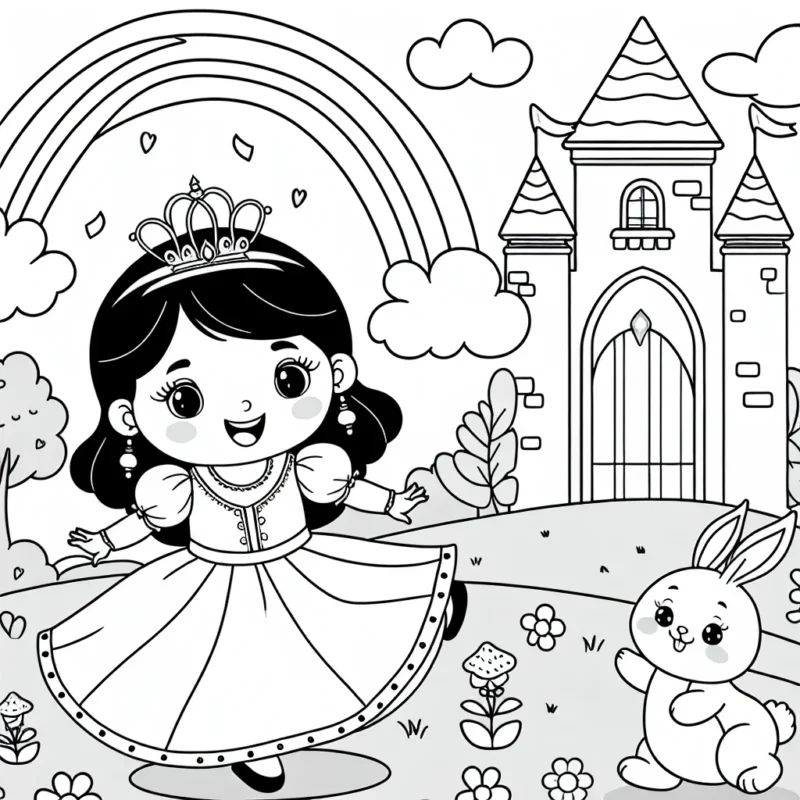 Imagine une jeune princesse bondissant joyeusement près d'un château enchanteur, avec un doux lapin à ses cotés et un magnifique arc-en-ciel dans le ciel.