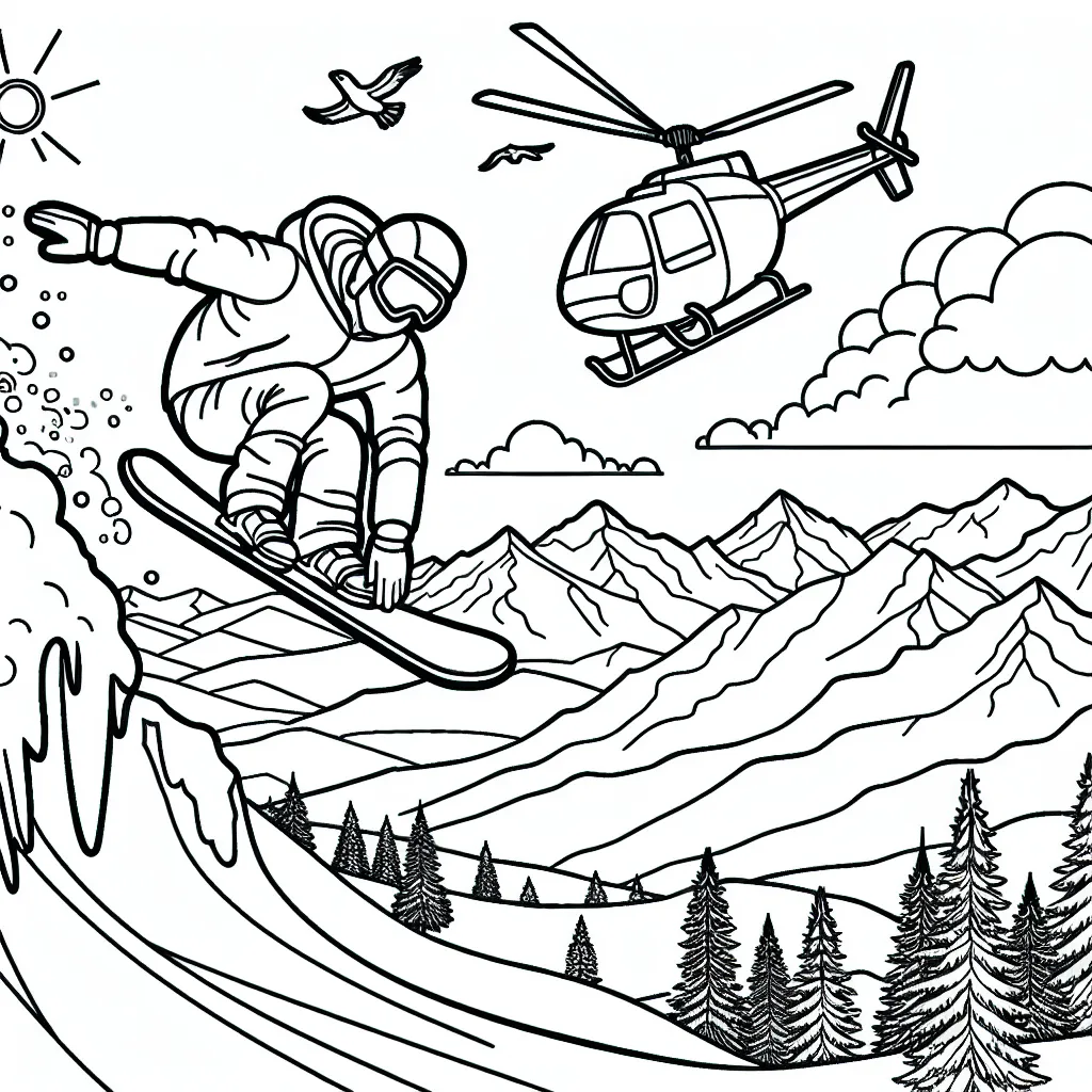 Imagine un sportif dévalant une pente sur son snowboard, passant au-dessus d'une grande corniche. Il réalise une figure acrobatique dans les airs avec des montagnes couvertes de neige et un ciel bleu à l'arrière-plan. Il faut aussi que tu dessines un hélicoptère qui suit le sportif, peut-être pour le filmer. N'oublie pas de dessiner les arbres verts au loin et le soleil qui brille dans le ciel. Quelques oiseaux volant dans le ciel pourraient donner un peu plus de vie à la scène.