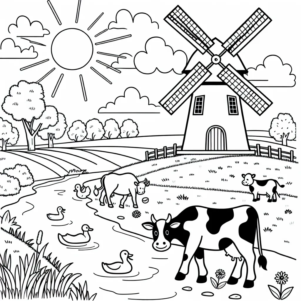 Dessine un paysage champêtre avec un majestueux moulin à vent, des vaches paissant paisiblement dans le champ, une rivière tranquille avec des canards et un rayonnant soleil.