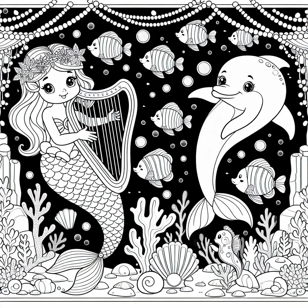 Dessine une douce petite sirène qui joue de la harpe dans un royaume sous-marin lumineux et coloré. Elle est accompagnée de son meilleur ami, le dauphin, et entourée de poissons de toutes les couleurs chatoyantes. Ajoute des coquillages et des perles pour embellir ce royaume féerique.