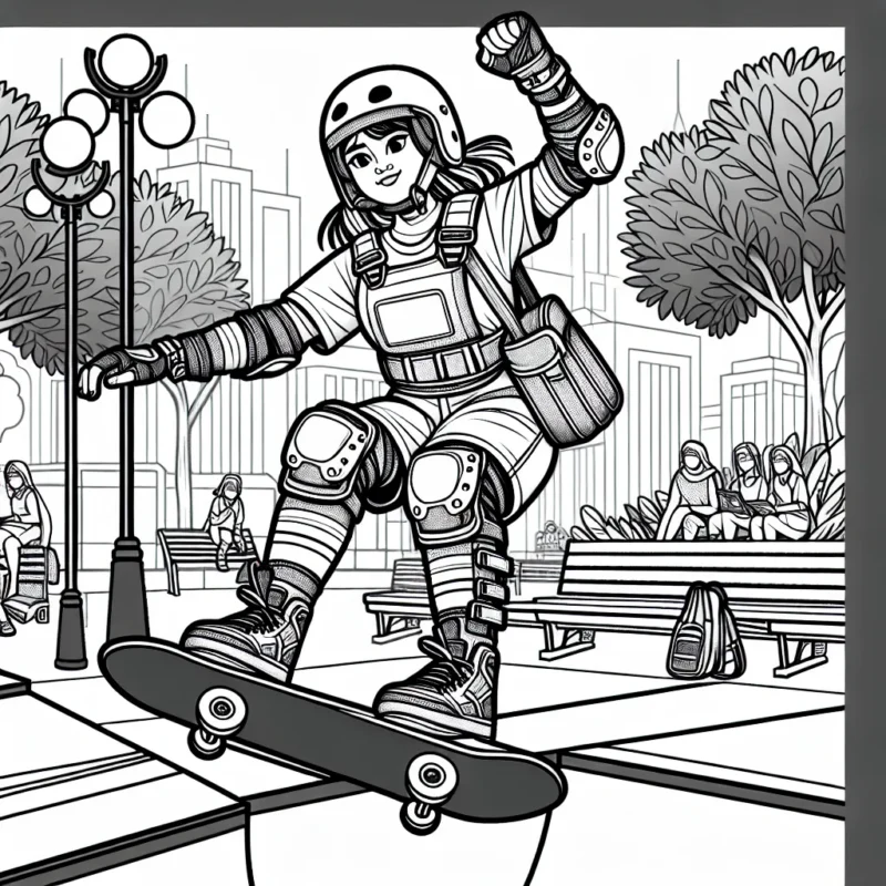 Dessine un participant en pleine action dans une compétition de sports extrêmes : skateboard sur une rampe verticale, avec son équipement protecteur complet et son attitude audacieuse, dans un parc urbain animé.