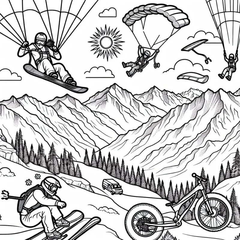 Dessine une scène vibrante mettant en scène différents sports extrêmes dans un paysage montagneux époustouflant. Tu peux inclure des sports comme le snowboard, le ski hors piste, le saut à l'élastique, le parachutisme et le VTT de descente.