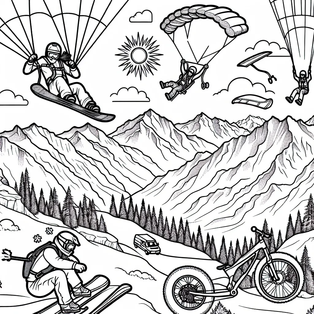 Dessine une scène vibrante mettant en scène différents sports extrêmes dans un paysage montagneux époustouflant. Tu peux inclure des sports comme le snowboard, le ski hors piste, le saut à l'élastique, le parachutisme et le VTT de descente.