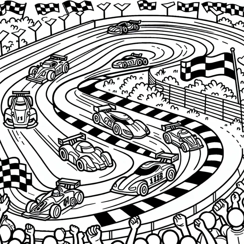 Dessine une course palpitante entre différentes voitures de course sur un circuit sinueux. Il ne faut pas oublier d'ajouter des détails qui rendent la scène vraiment dynamique et attrayante, comme des voitures dérapant sur la piste, des voitures franchissant la ligne d'arrivée et des spectateurs applaudissant sur les gradins.