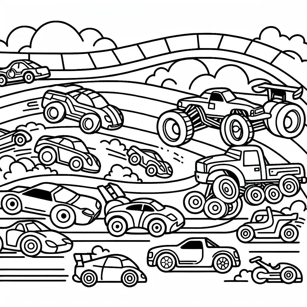 Dessine une grande course de voitures avec plein de véhicules différents s'affrontant sur une piste remplie de virages et de sauts