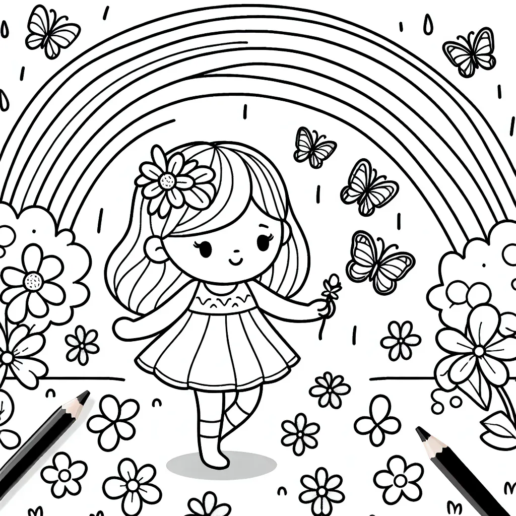 Une petite fille joue avec des papillons dans un jardin fleuri sous un arc-en-ciel