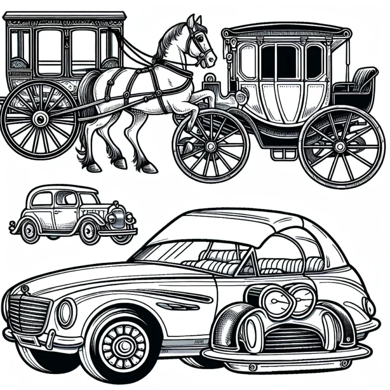 Un joli dessin détaillé montrant trois voitures de différentes époques : une voiture à cheval du 19ème siècle, une voiture classique des années 1960 et une voiture futuriste.