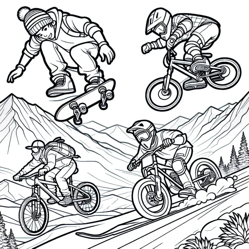 Quel coloriage passionnant et actif! Dessine un skateboarder effectuant un saut audacieux sur une rampe, un motard de descente sur une piste de montagne rocheuse, et un snowboarder qui déboule en dévalant une pente enneigée!