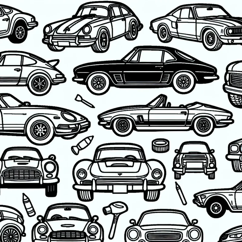 Affiche des dessins au contour noir de voitures classées par marque. Chevrolet, Audi, Ford, et plusieurs autres marques sont à découvrir et à colorier.