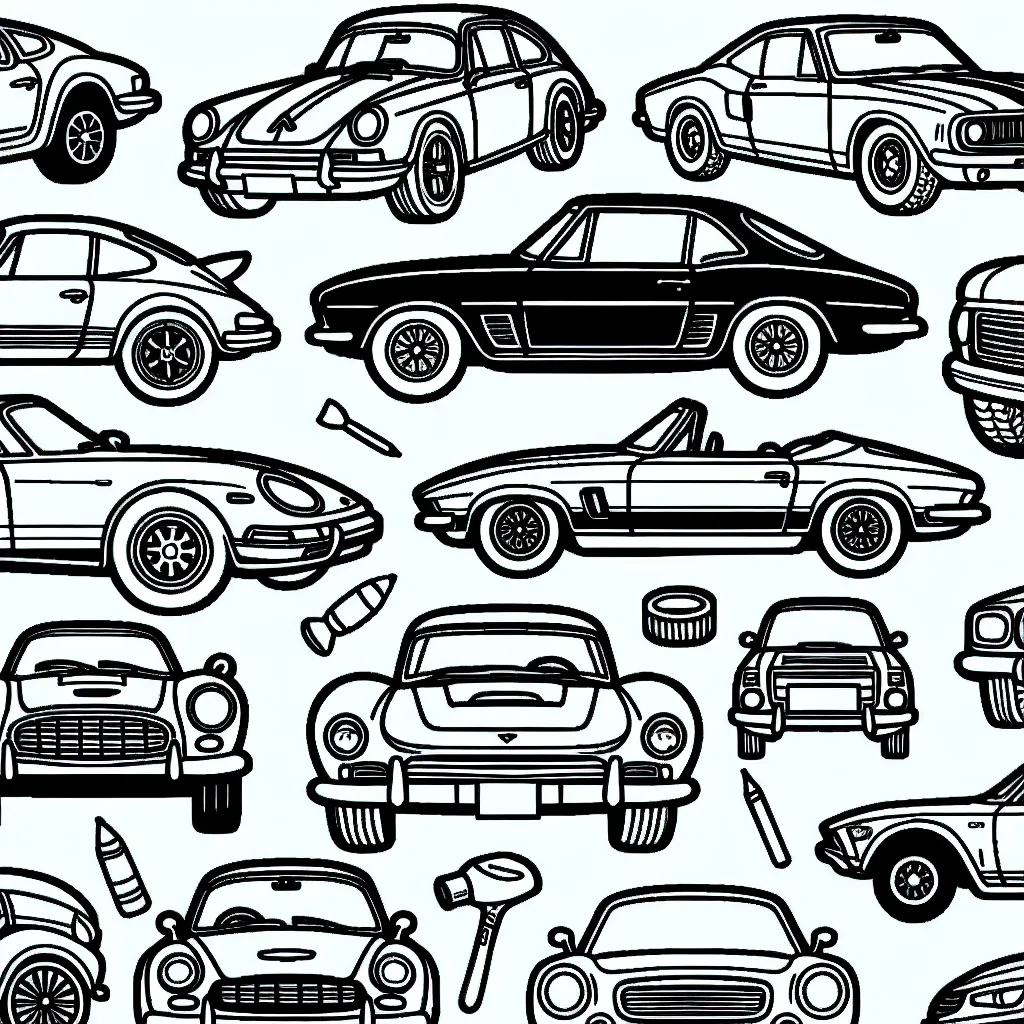 Affiche des dessins au contour noir de voitures classées par marque. Chevrolet, Audi, Ford, et plusieurs autres marques sont à découvrir et à colorier.