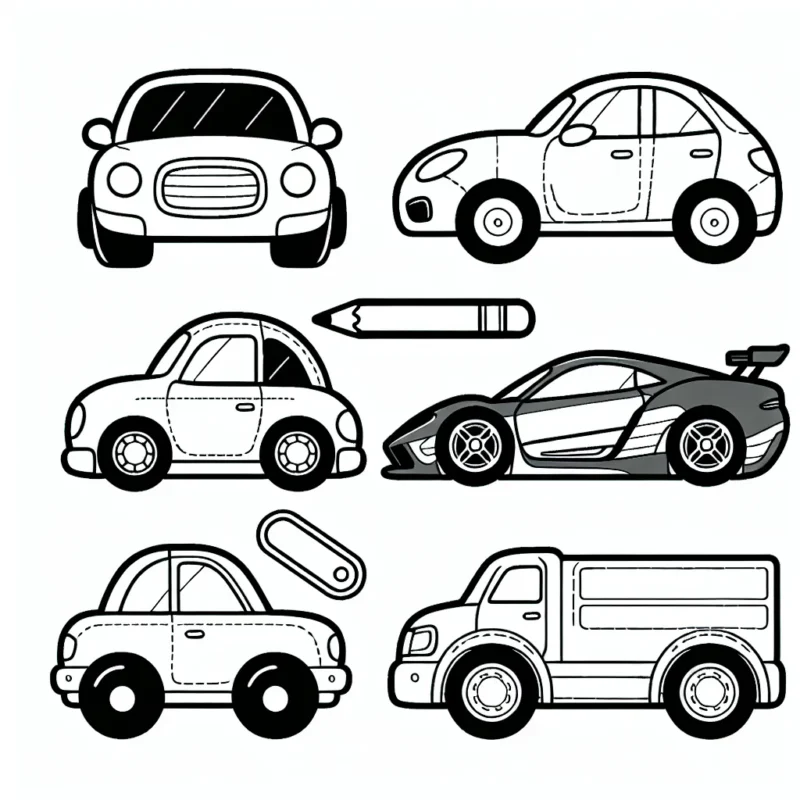 Voitures par marque à colorier pour les enfants. Il y a une variété de voitures de différentes marques connues comme Audi, BMW, Mercedes, Renault, Tesla, et Ford.