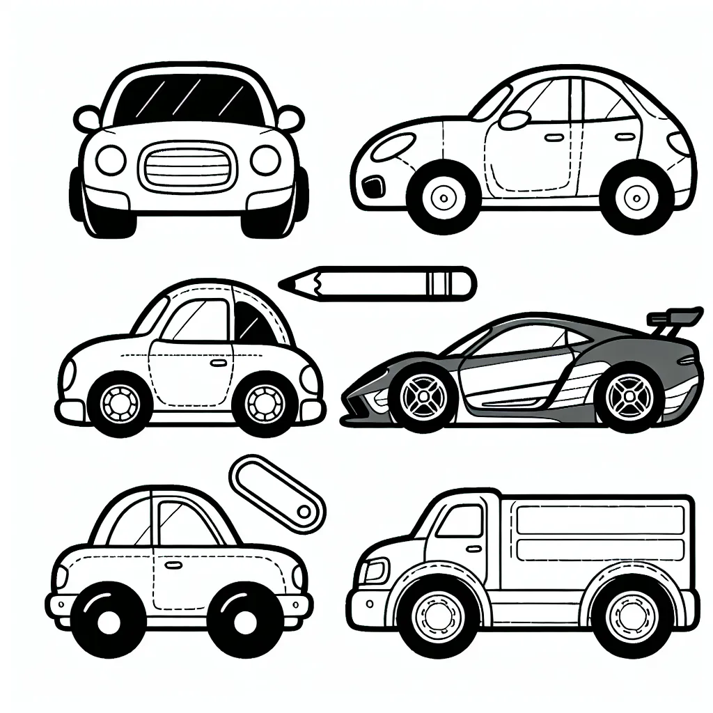 Voitures par marque à colorier pour les enfants. Il y a une variété de voitures de différentes marques connues comme Audi, BMW, Mercedes, Renault, Tesla, et Ford.