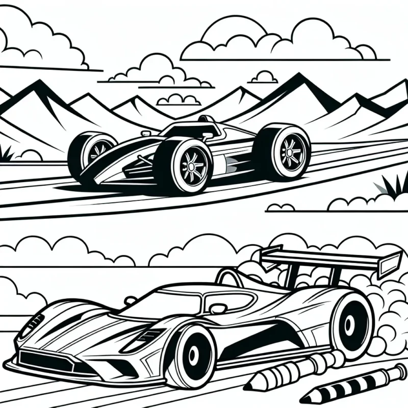 Dessine une voiture de sport sportive fuselée zoomant dans le désert avec des montagnes en arrière-plan.