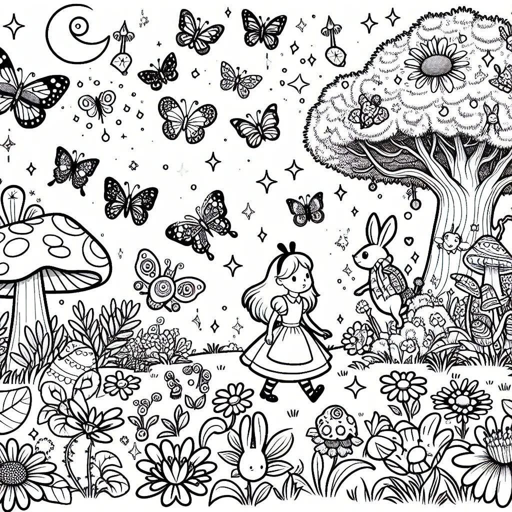 Alice se promène dans un jardin féerique rempli de créatures étranges et merveilleuses. Elle aperçoit des papillons étincelants volant parmi des fleurs multicolores. Plus loin, elle voit un champignon gigantesque avec des lucioles scintillantes autour. Près d'un arbre enchanté, elle repère un lapin mystérieux tenant une montre à gousset. Chaque détail dans l'image attend d'être rempli de couleurs.