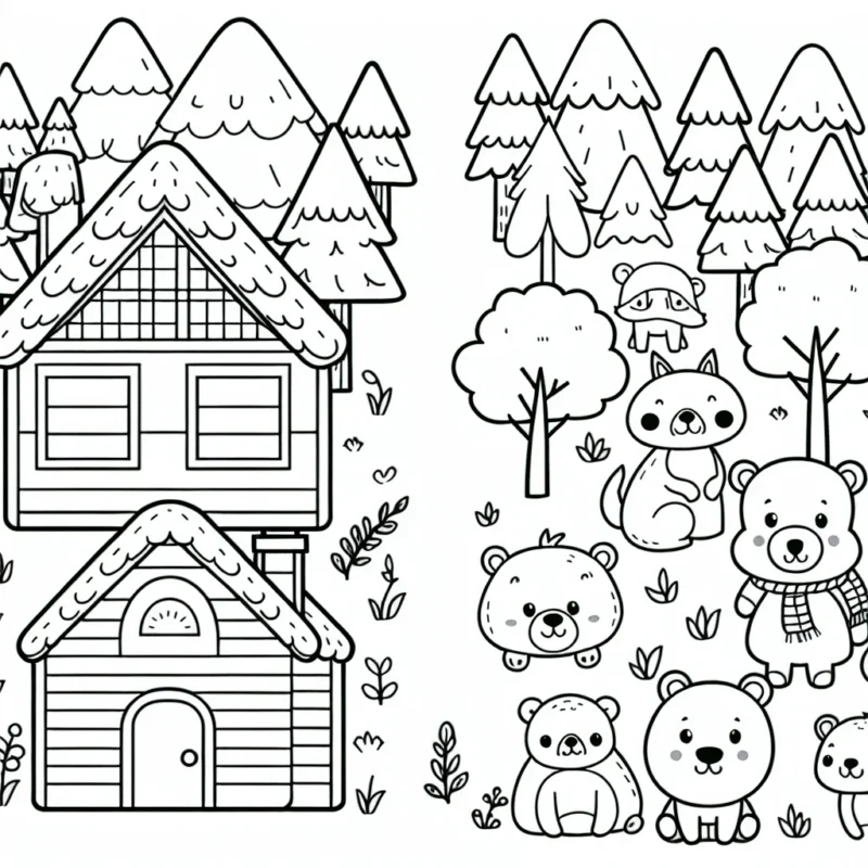 Dessine une petite maison au milieu d'une forêt peuplée d'animaux sauvages amicaux.