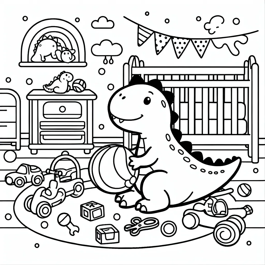 Un dinosaure joue avec des jouets dans sa chambre