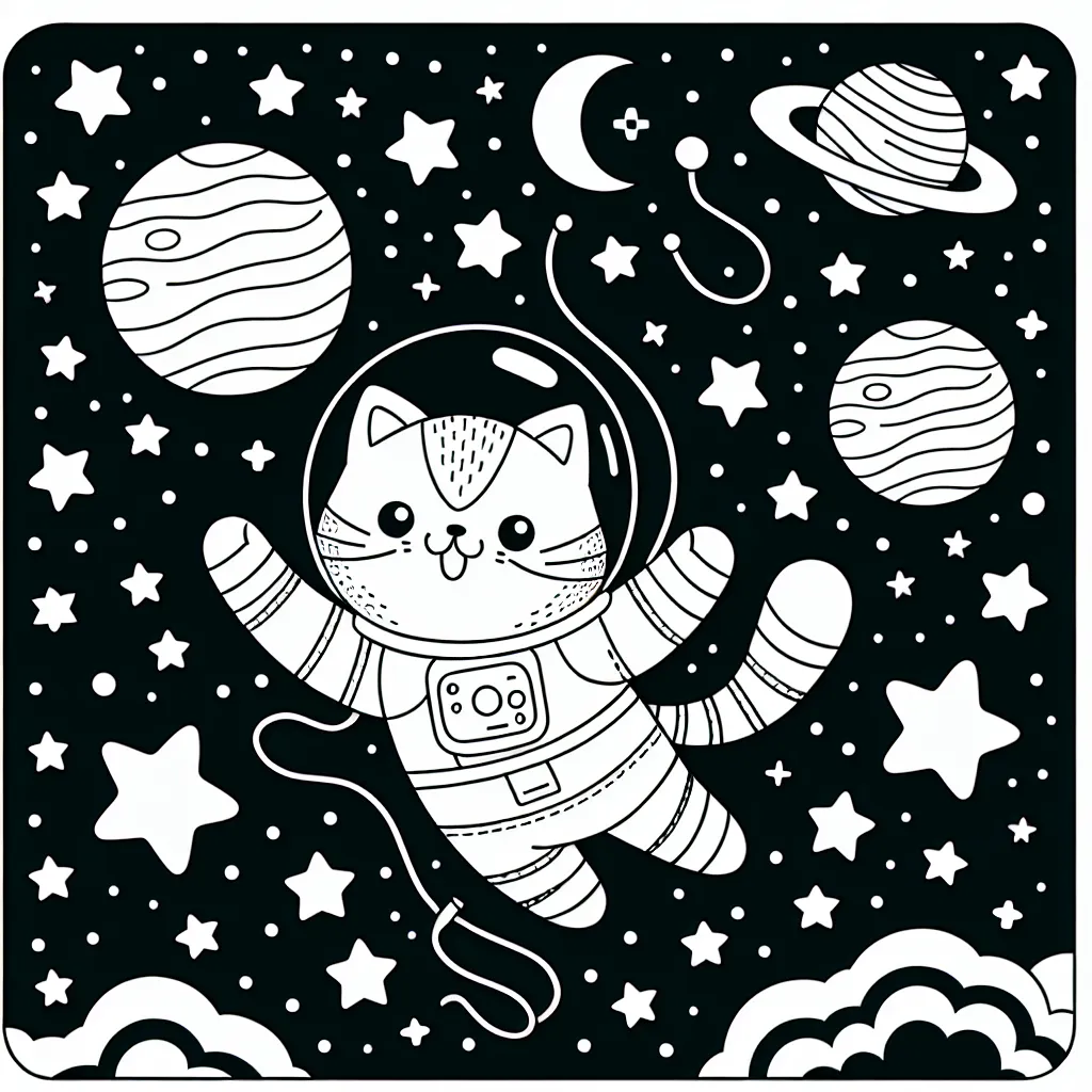 Un chat astronaute flottant dans l'espace avec des étoiles et planètes autour