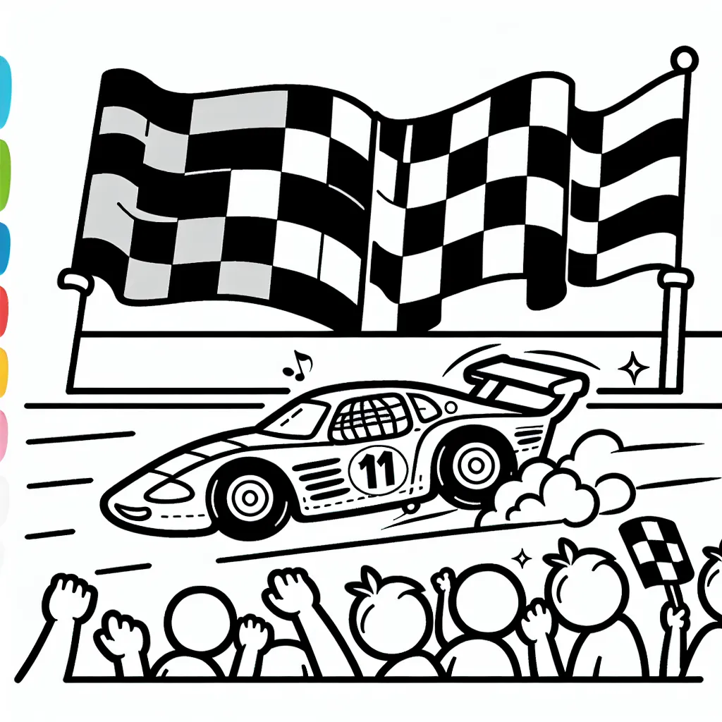 Dessine une voiture de course zoomant à toute vitesse sur la piste, avec des drapeaux à damier agités dans l'arrière-plan, et une foule en délire applaudissant