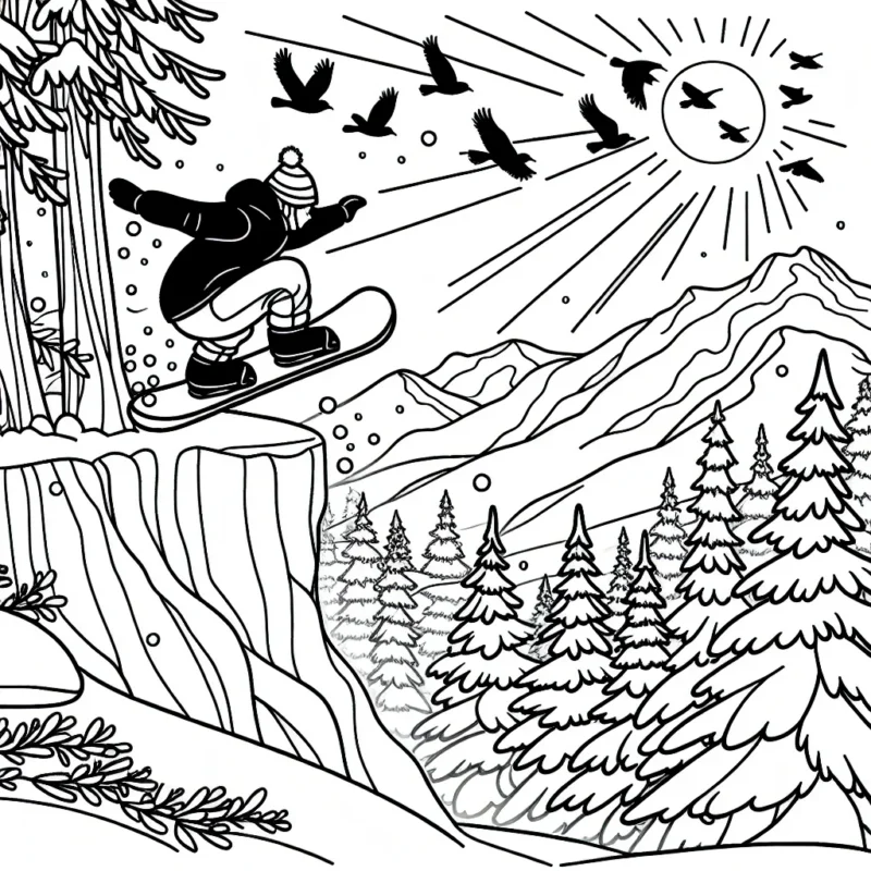 Imagine un sport extrême impressionnant où un snowboarder audacieux descend une montagne enneigée en esquivant des arbres et sautant par-dessus des falaises vertigineuses. Des oiseaux s'envolent à son passage et le soleil brille en arrière-plan, illuminant le paysage d'hiver.