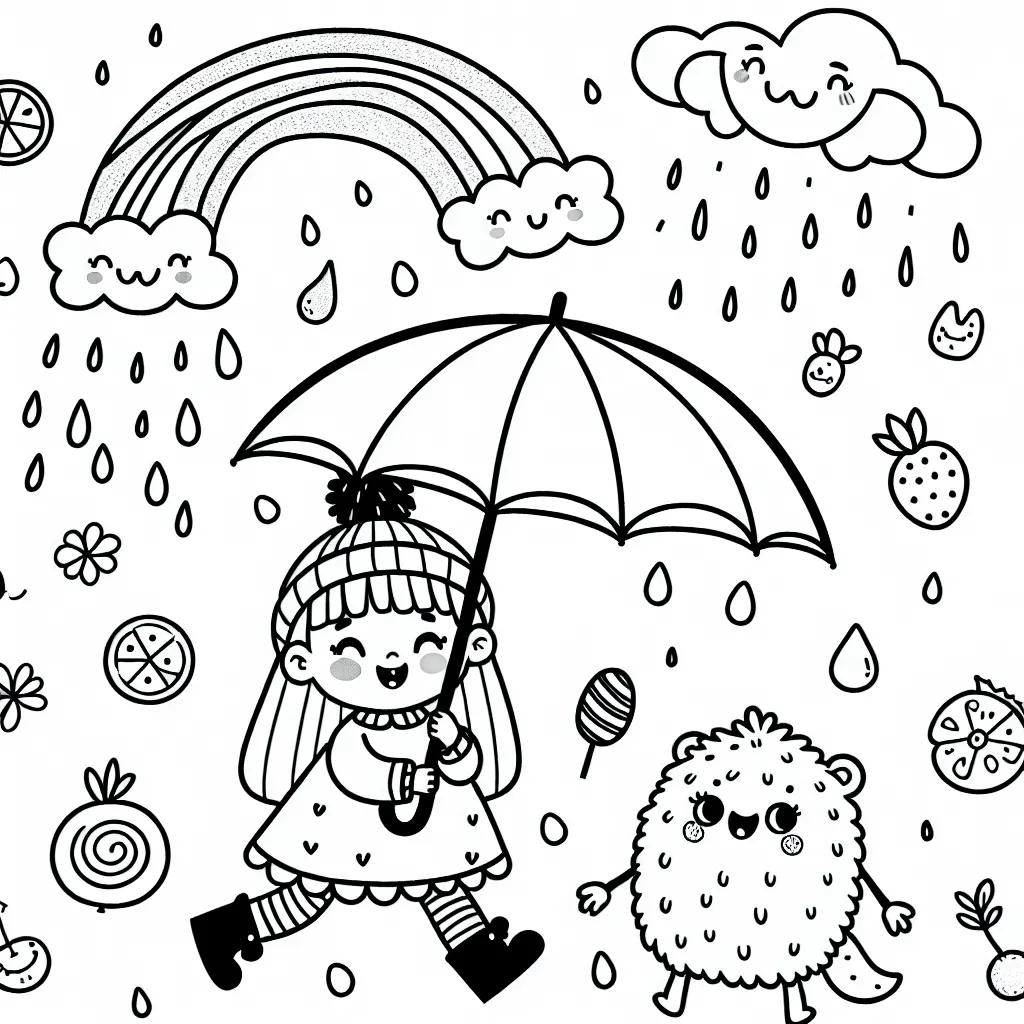 Une petite fille, du nom de Luna, marche avec son parapluie sous une pluie de bonbons et de fruits. Au-dessus d'elle, un arc-en-ciel et des nuages souriants. Aux côtés de Luna se trouve un gentil monstre tout poilu.