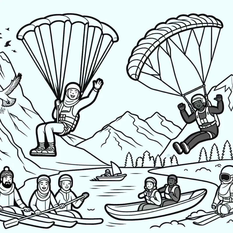 Une scène de sports extrêmes avec des athlètes téméraires pratiquant du saut à l'élastique, du rafting d'eau vive, du parapente sur une montagne et du monoski sur des pistes enneigées.