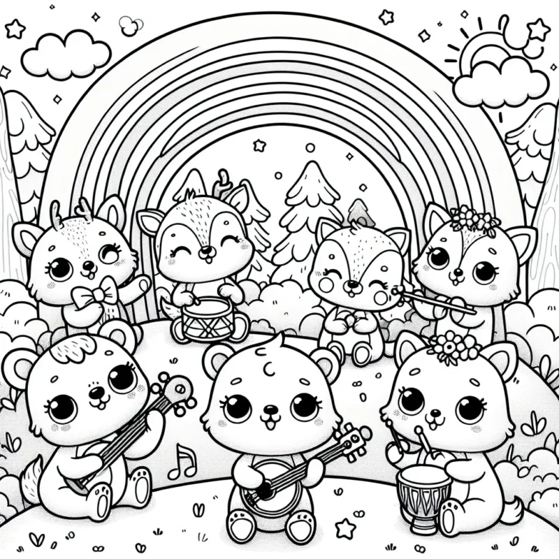 Dessine une forêt enchantée avec des animaux mignons qui jouent des instruments de musique sous un arc-en-ciel.