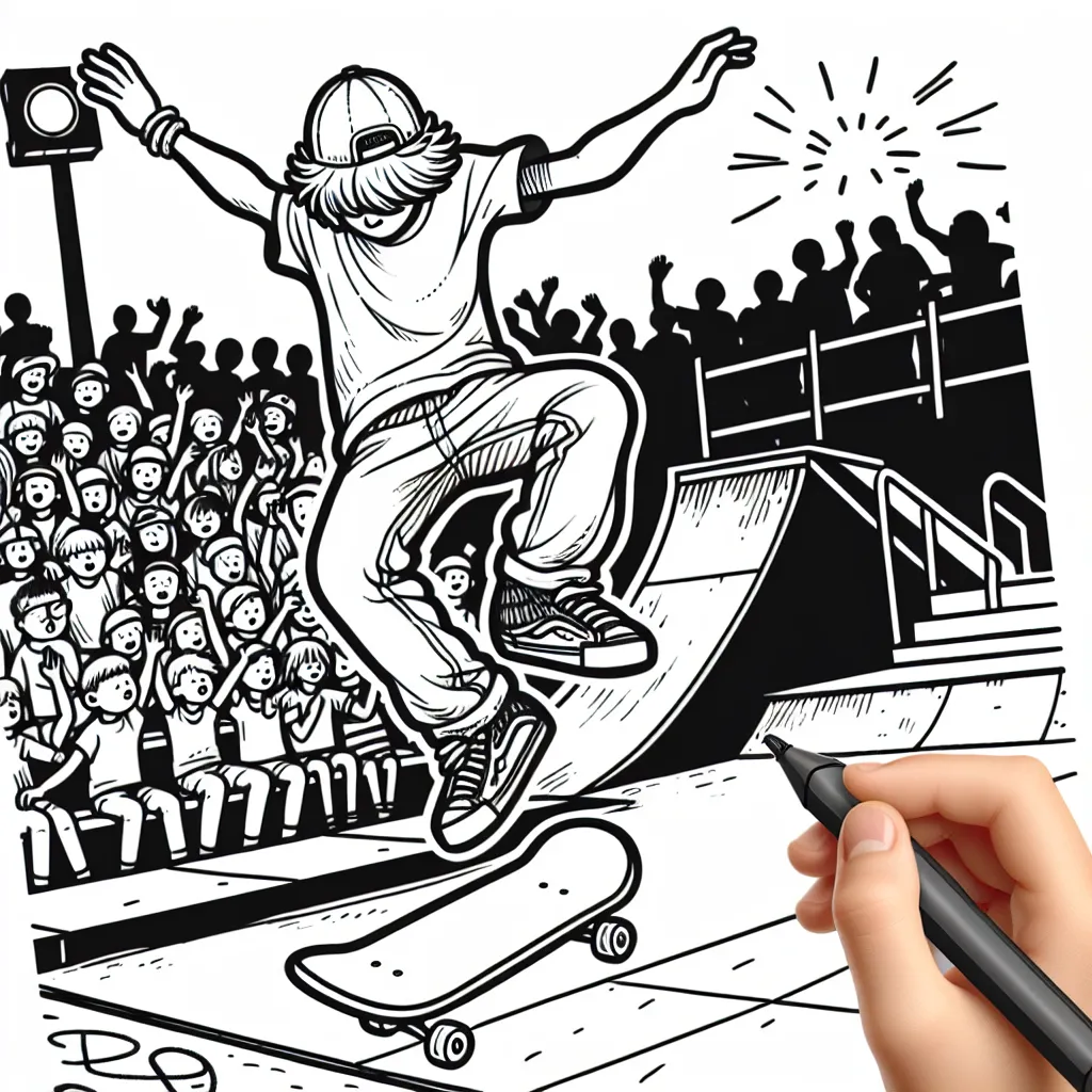 Dessinez un jeune skateur effectuant un saut impressionnant dans un parc à skate, avec une foule en arrière-plan. Vous pouvez ajouter des détails comme le casque et le protège-genou du skateur, les graffitis sur les rampes et murs, et les expressions d'excitation de la foule.