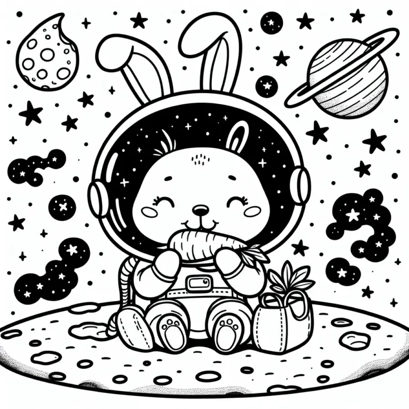 Un lapin astronaute déguste une carotte sur la lune, entouré d'étoiles et de planètes.