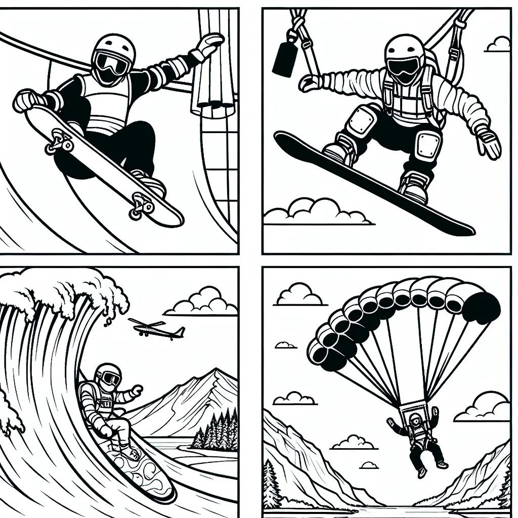 Un dessin plein d'action avec un skateboardeur effectuant une manœuvre audacieuse à la moitié d'une rampe de skateboard, un snowboardeur descendant une piste montagneuse enneigée, un surfiste chevauchant une vague massive et un parachutiste descendant du ciel. N'oubliez pas le détail de leurs équipements de sécurité!