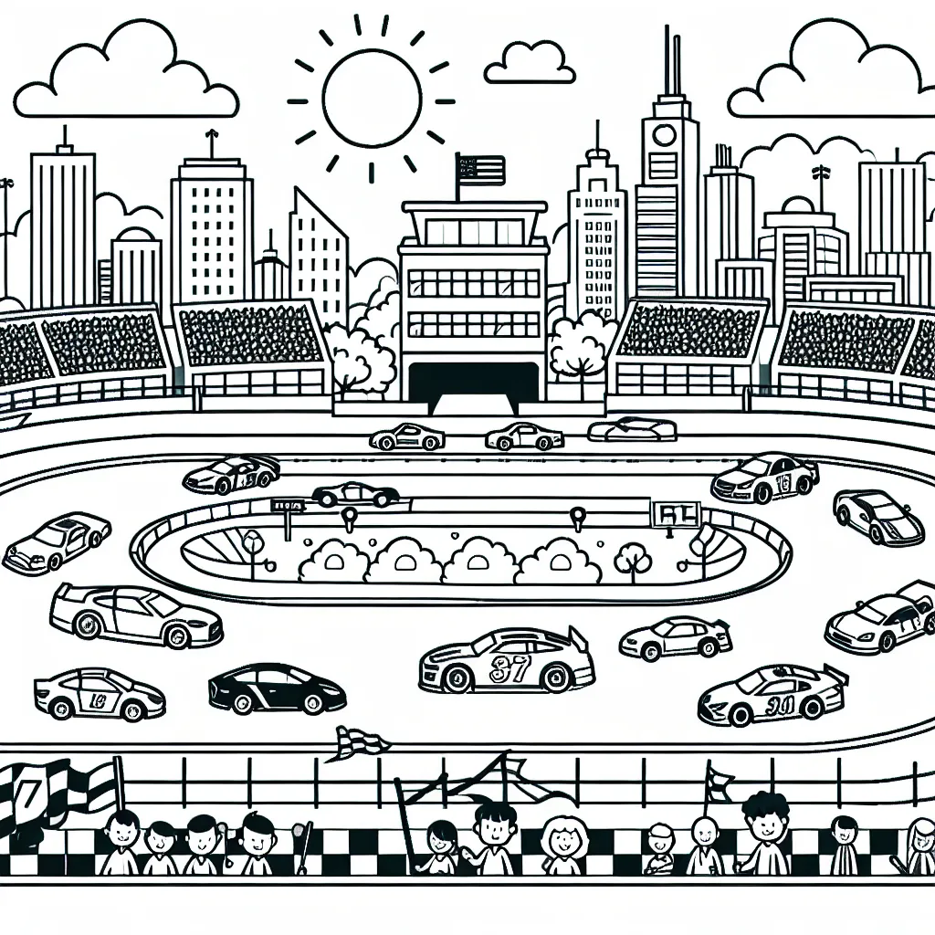 Dessine un grand circuit de course avec des voitures de différentes formes et tailles. Assure-toi de dessiner également des bâtiments environnants, des arbres, des panneaux de signalisation et des spectateurs pour que le scène soit bien vivante. N'oublie pas de dessiner un beau ciel ensoleillé au-dessus du circuit.