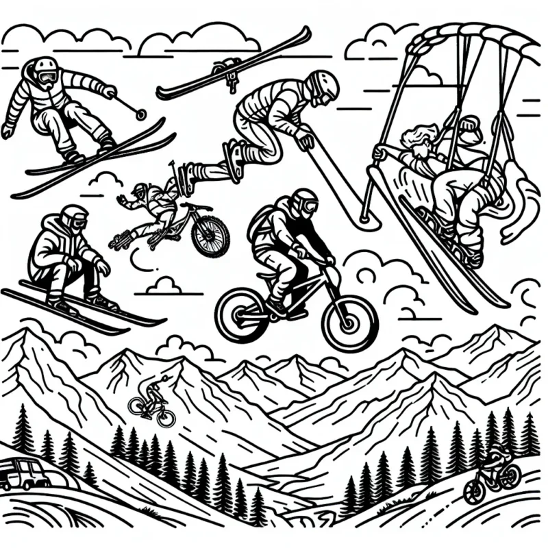 Plonge-toi dans le monde passionnant des sports extrêmes avec cet exercice de coloriage ! Tu verras différentes scènes de saut à ski, de plongée en apnée, de VTT en montagne et de base-jump. Rien de tel que d'ajouter ta propre touche de couleurs vibrantes pour rendre ces activités encore plus excitantes!