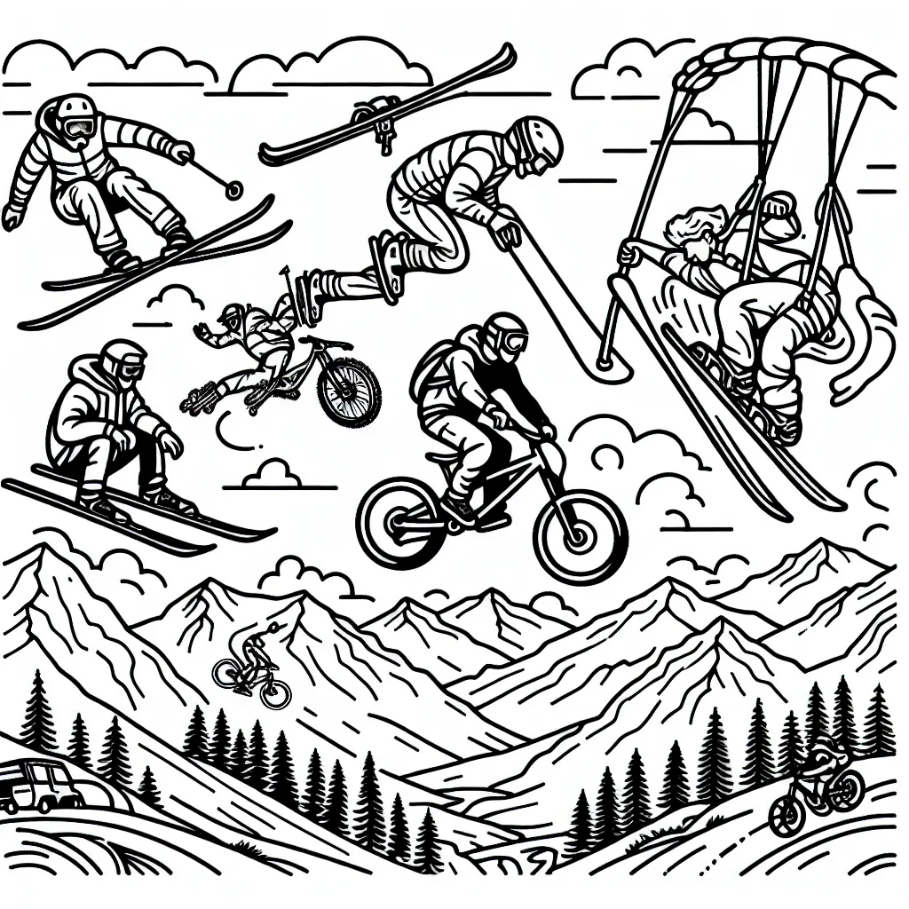 Plonge-toi dans le monde passionnant des sports extrêmes avec cet exercice de coloriage ! Tu verras différentes scènes de saut à ski, de plongée en apnée, de VTT en montagne et de base-jump. Rien de tel que d'ajouter ta propre touche de couleurs vibrantes pour rendre ces activités encore plus excitantes!