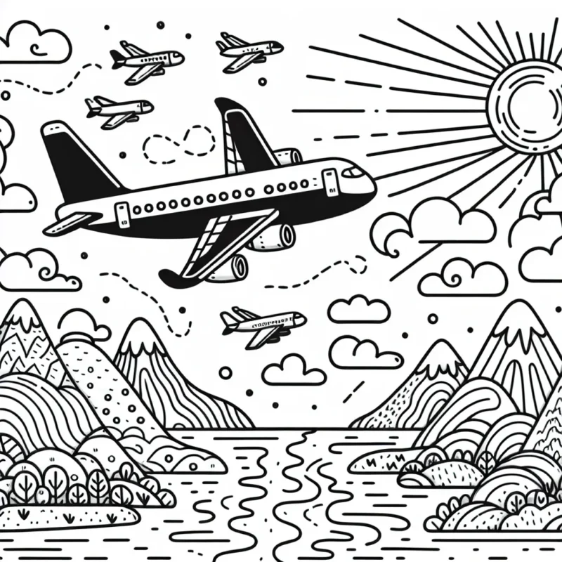 Sur ton coloriage, dessine un grand avion dans le ciel entouré de petits avions, sous un soleil radieux et au dessus d'un paysage fantastique de montagnes et de rivières.