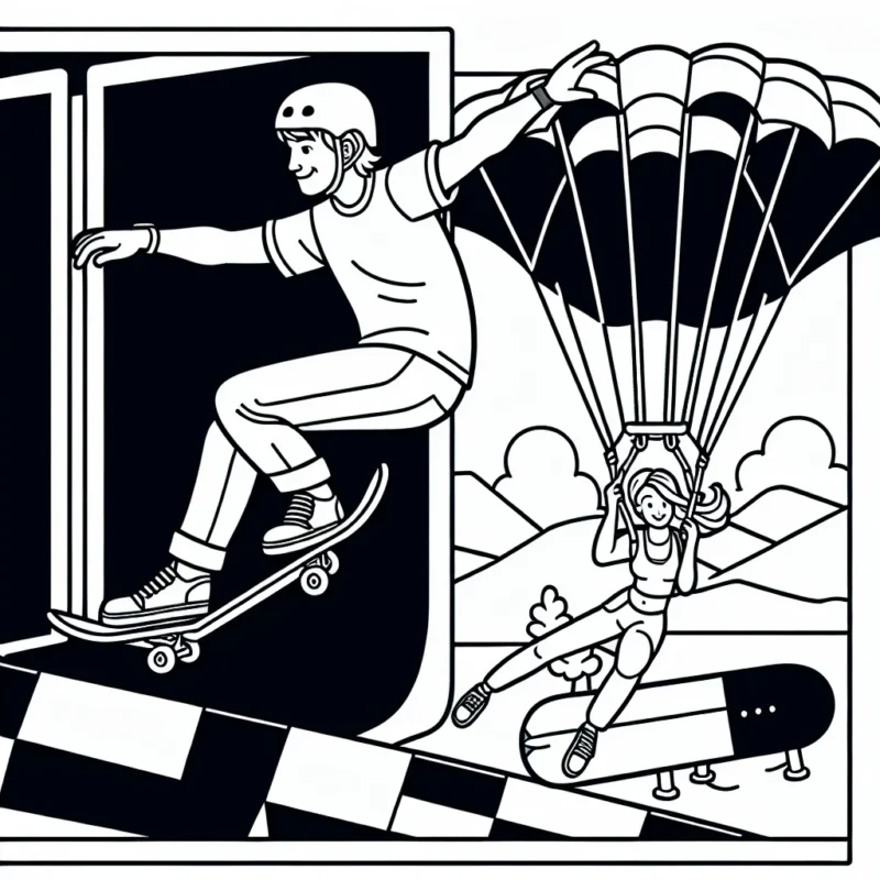 Imaginez un sportif extrême faisant du skateboard sur une rampe alors qu'un autre fait du parachutisme en arrière-plan.