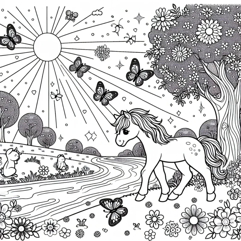 Un joli poney se promène dans une prairie fleurie, bordée par une rivière scintillante. Le soleil brille dans le ciel, créant de jolis reflets sur les pétales des fleurs et de l'eau. Des papillons multicolores volettent joyeusement autour du poney. Il y a aussi des petits lapins qui grignotent tranquillement des carottes à proximité.