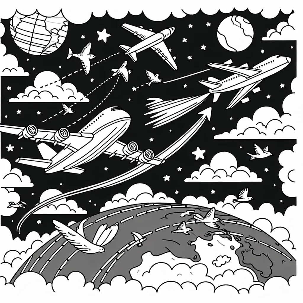 Dans ce dessin, il y a un avion commercial qui survole la Terre, un avion-cargo qui atteint les nuages, et un avion de chasse qui fend l'air avec une grande vitesse. Tout autour, il y a des oiseaux qui volent, formant un beau spectacle dans le ciel.