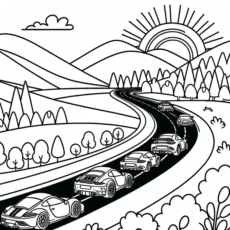 Dessine une parade de voitures sportives sur une route sinueuse dans un paysage montagneux ensoleillé.