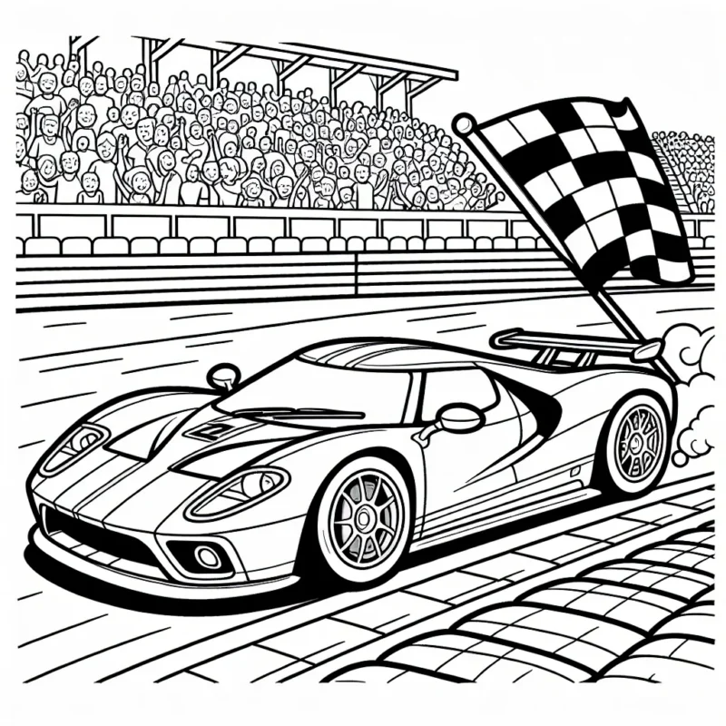 Dessine une voiture de sport ultra-rapide filant à toute vitesse sur une piste de course, avec des tribunes pleines de spectateurs et des drapeaux à damier en arrière plan. N'oublies pas de détailler les roues et la carrosserie brillante de la voiture!