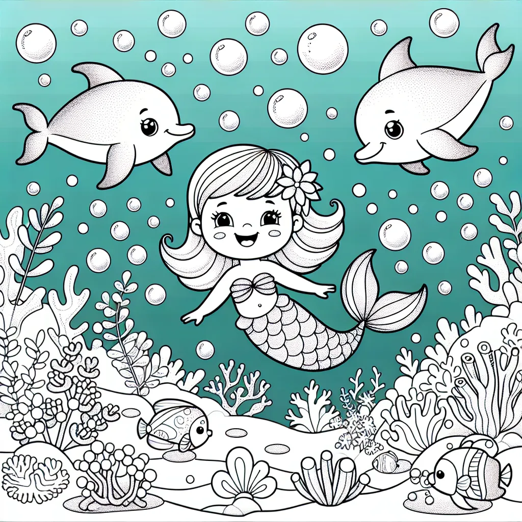 Une petite sirène nage joyeusement avec ses amis les poissons tropicaux et les dauphins, dans un monde sous-marin magique, peuplé de coraux multicolores et de bulles scintillantes.