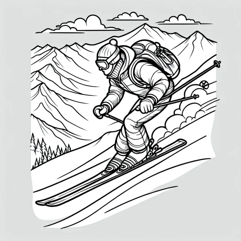 Colour an extreme skier descending a snowy mountain, complete with his equipment and gear.