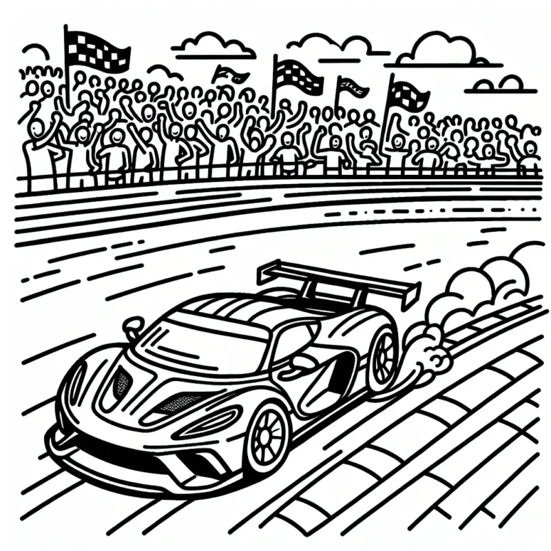 Dessine une voiture de sport sur une piste avec le public qui l'encourage, la course est très serrée!