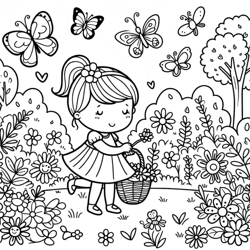 Une petite fille joue dans un jardin entouré de papillons, d'oiseaux et de fleurs colorées.