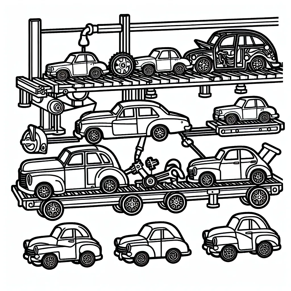 Dessine une classique chaîne de montage automobile avec des voitures de différentes formes et tailles en cours de fabrication.