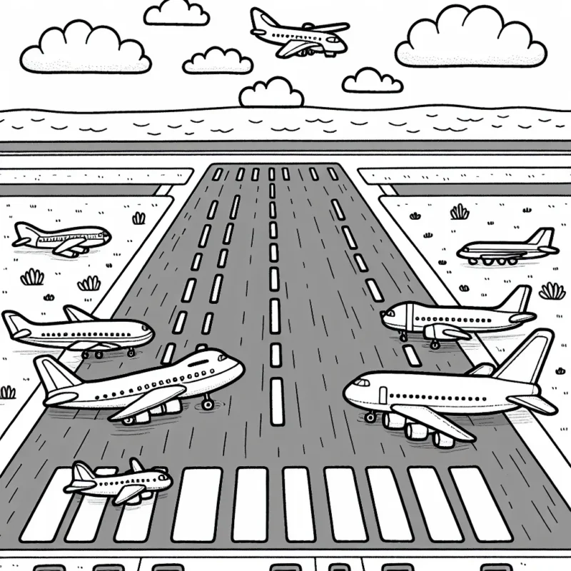 Sur cette page, dessine une scène animée d'une piste d'atterrissage avec plusieurs types d'avions prêts à décoller.